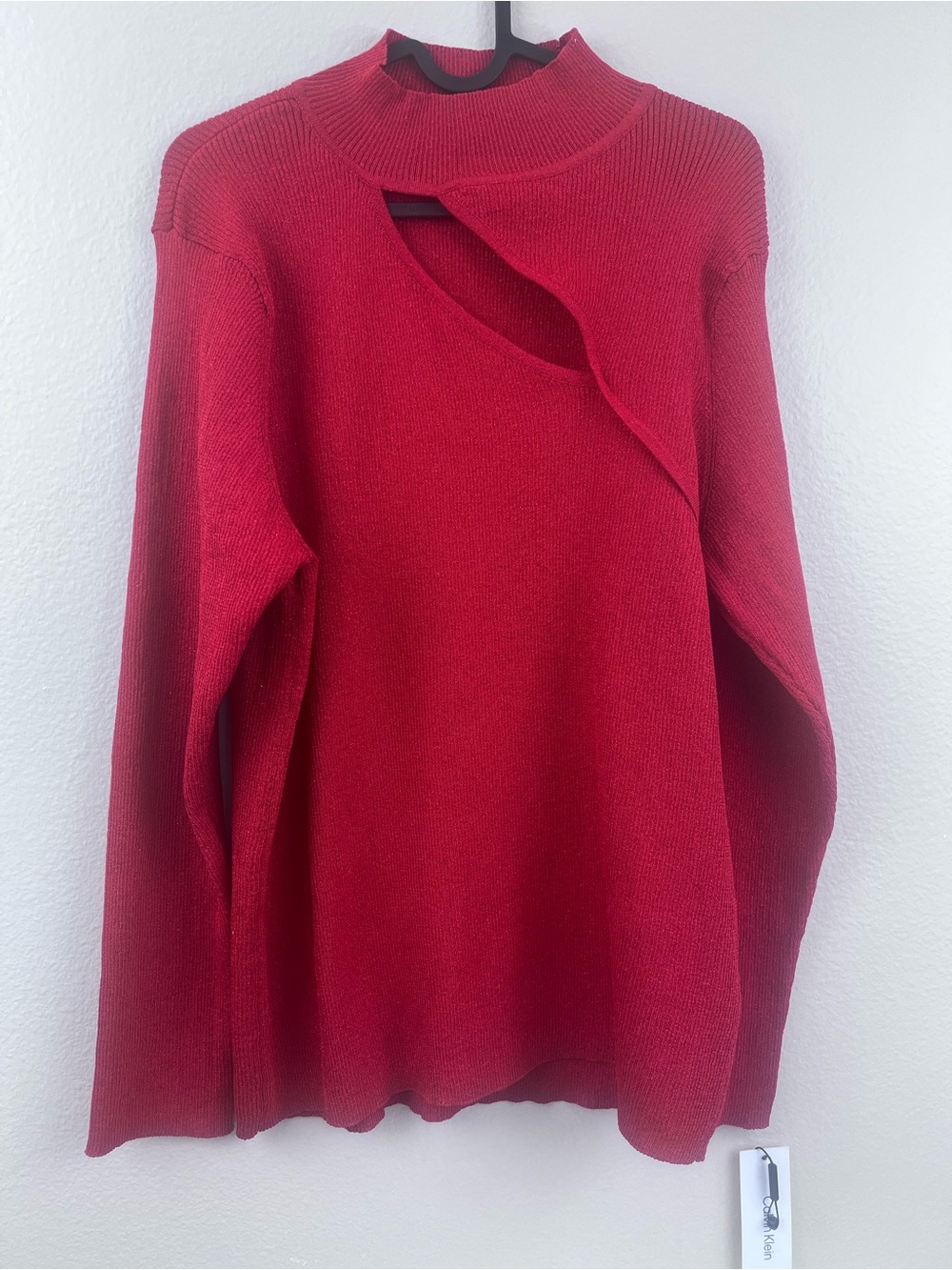 Calvin Klein Women’s Red Long Sleeve Shimmering Sweater Cutout Neck  XL NWT